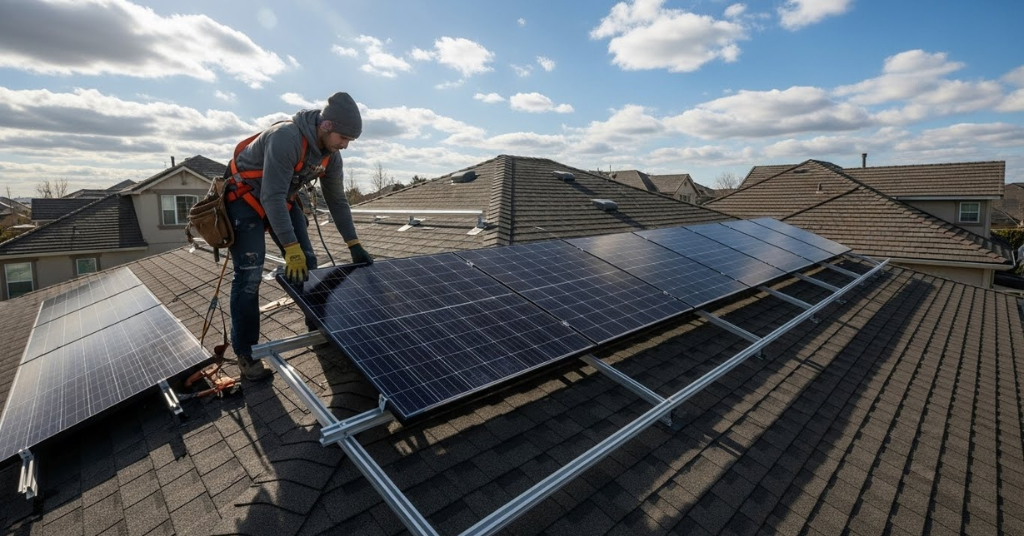 pessoa instalando paineis solares no telhado com foco em reduzir a conta de luz